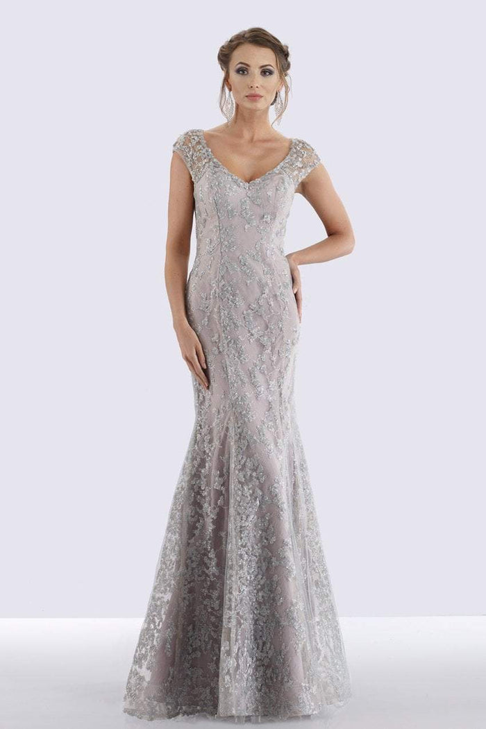 Feriani Couture 18721 Cap Sleeve V-Neck Embellished Mermaid Gown - 1 pc Silver in Size 10 Available CCSALE 10 / Silver
