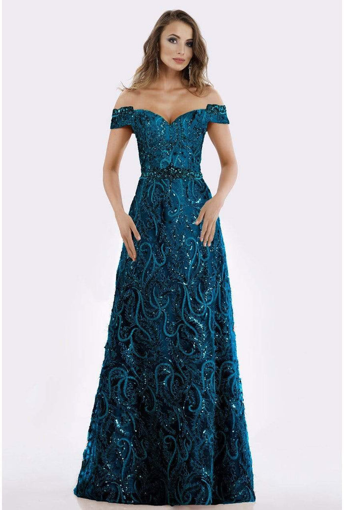 Feriani Couture - 18906 Embellished Plunging Off-Shoulder A-line Dress Special Occasion Dress 4 / Teal