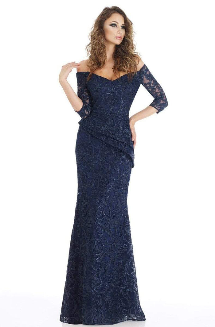 Feriani Couture - 18911 Off Shoulder Embroidered Sheath Silhouette Gown - 1 pc Navy In Size 12 Available CCSALE 12 / Navy
