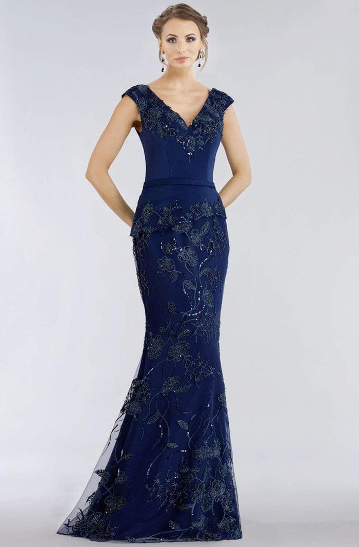 Feriani Couture - 18961 Cap Sleeve Floral Beaded Peplum Gown Mother of the Bride Dresses 10 / Navy