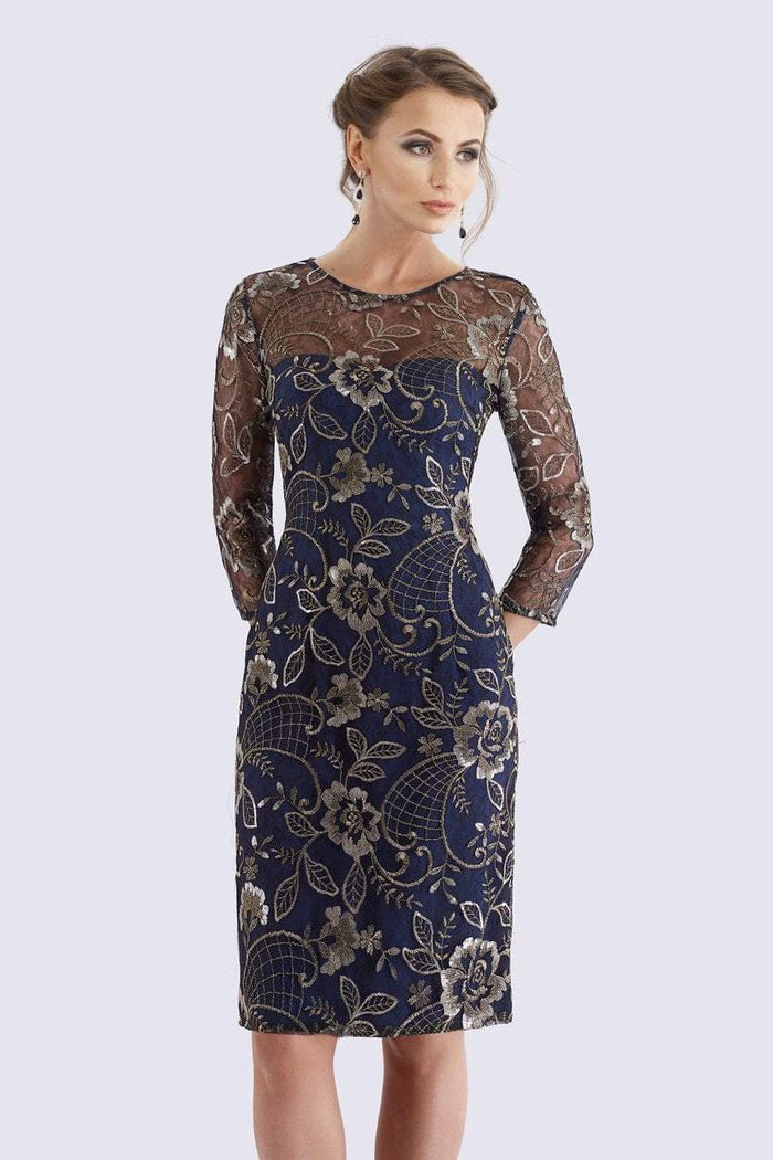 Feriani Couture - Gilt Floral Embroidered Quarter Sleeve Dress CCSALE 8 / Navy