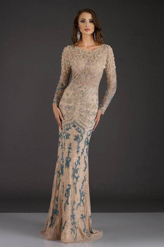 Feriani Couture - Long Sleeve Beaded Evening Gown 18007 - 1 pc Blush In Size 20 Available CCSALE 20 / Blush