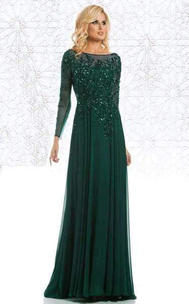 Feriani Couture -  Long Sleeve Beaded Illusion A-Line Evening Gown 26145 CCSALE 12 / Emerald