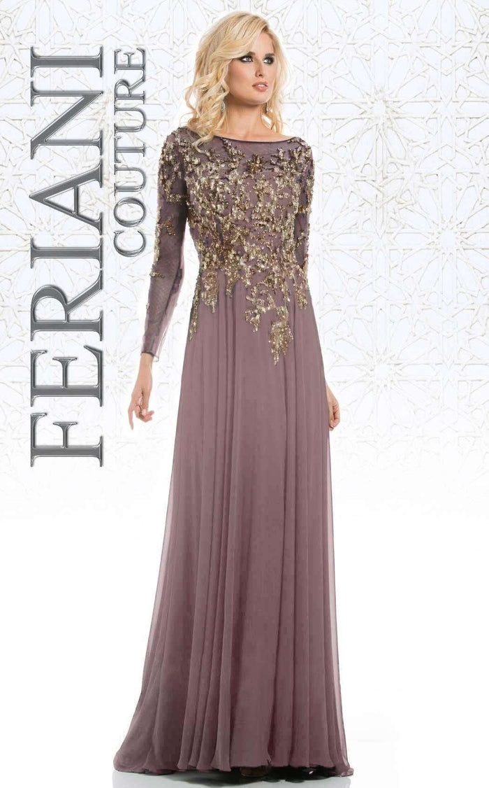 Feriani Couture -  Long Sleeve Beaded Illusion A-Line Evening Gown 26145 CCSALE 12 / Mauve