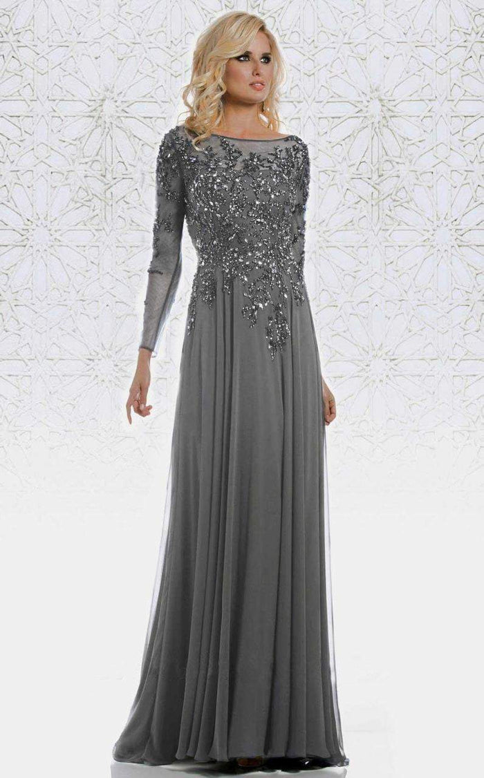 Feriani Couture -  Long Sleeve Beaded Illusion A-Line Evening Gown 26145 CCSALE 20 / Charcoal