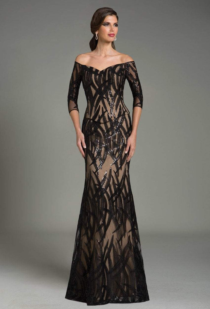 Feriani Couture Sequined Foliage Off Shoulder Sheath Gown - 1 pc Black/Nude in Size 8 Available CCSALE