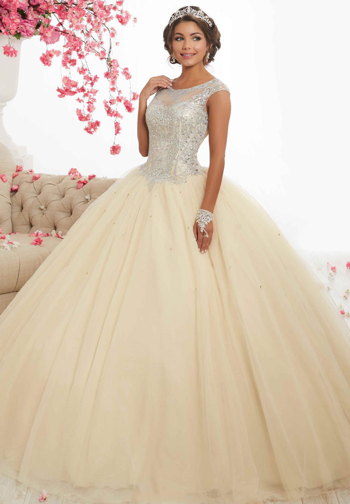 Fiesta Gowns - 56338 Beaded Jewel Neck Tulle Ballgown Special Occasion Dress 0 / Champagne