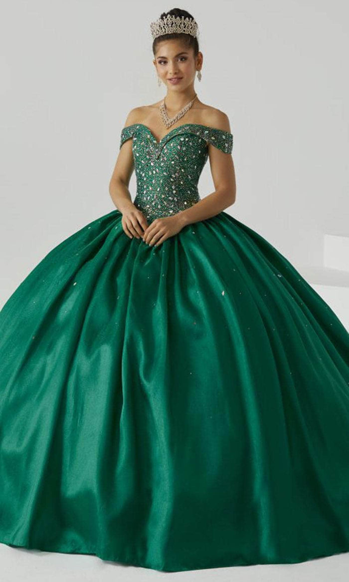 Fiesta Gowns - 56438 Beaded Off Shoulder Ballgown Special Occasion Dress 0 / Emerald
