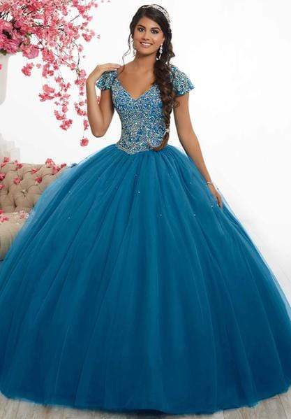 Fiesta Gowns - Beaded V-neck Tulle Ballgown 56335 - 1 pc Peacock In Size 6 Available CCSALE 6 / Peacock