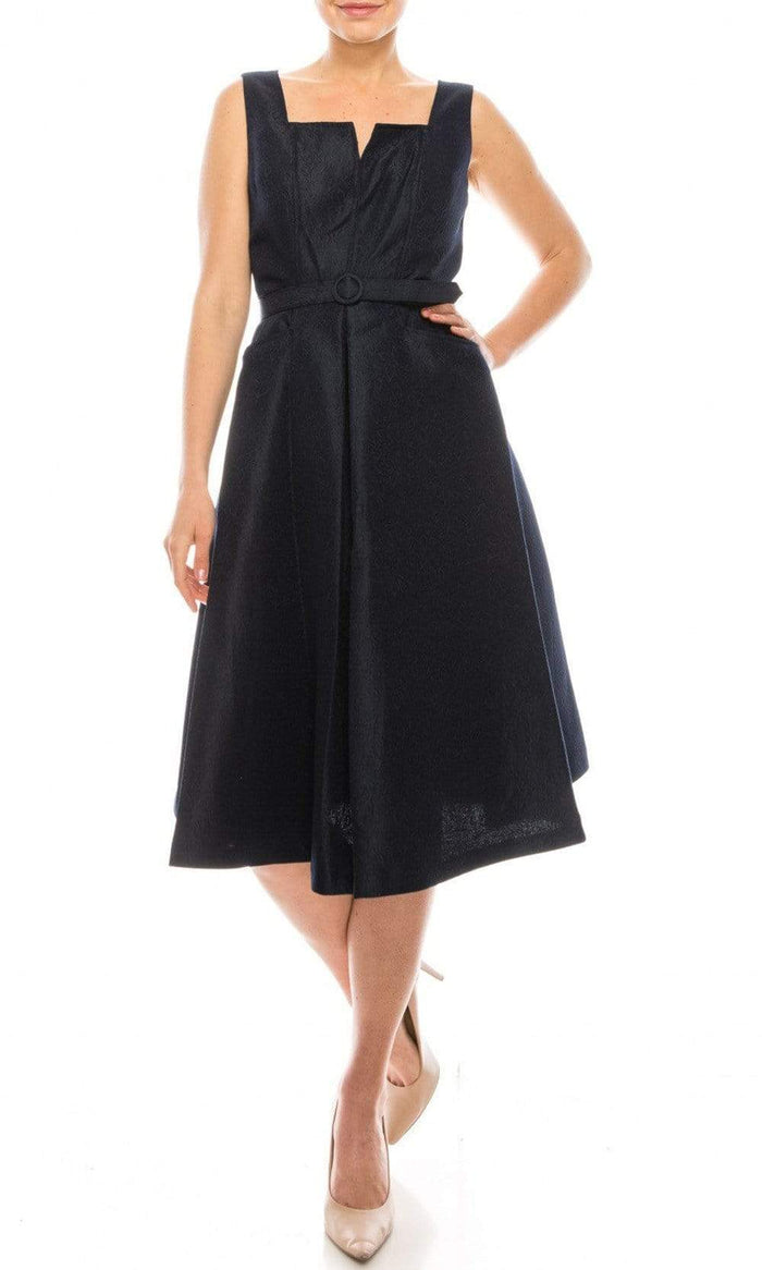 Gabby Skye - 57677MG Notched Square Neckline Jacquard Midi Dress Homecoming Dresses 0 / Navy
