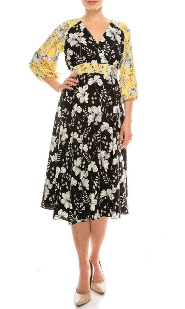 Gabby Skye - 91196MG Quarter Sleeve Floral Color Block A-Line Dress 4 / Lemon Black - Shop Gabby Skye Dresses On Couture Candy at CoutureCandy.com Gabby Skye - 91196MG Quarter Sleeve Floral Color Block A-Line Dress 4 / Lemon Black - Shop Gabby Skye Dresses On Couture Candy at CoutureCandy.com