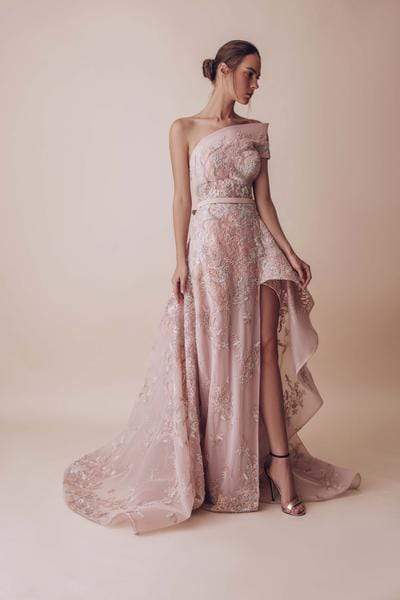 Gatti Nolli Couture - Floral Applique Asymmetric Dress OP-4953 - 1 pc Pink In Size 14 Available CCSALE 14 / Pink