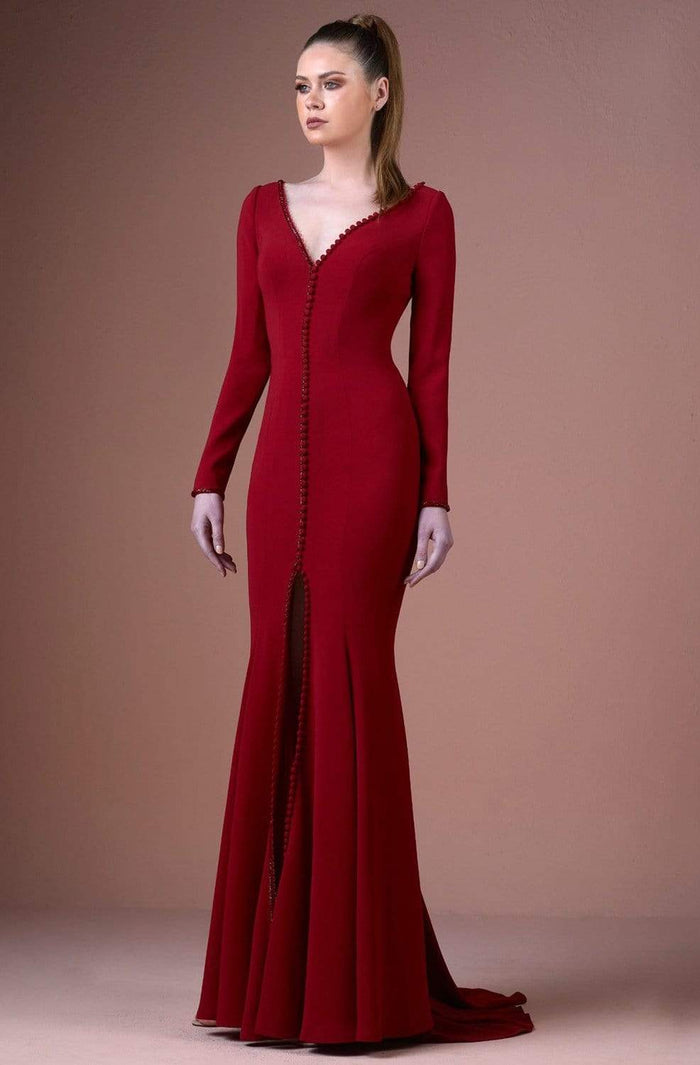 Gatti Nolli Couture - OP-4747 Plunging V-neck Trumpet Dress Special Occasion Dress 2 / Wine