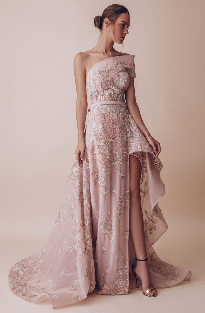 Gatti Nolli Couture - OP-4953 Floral Applique Asymmetric Dress Special Occasion Dress 0 / Pink