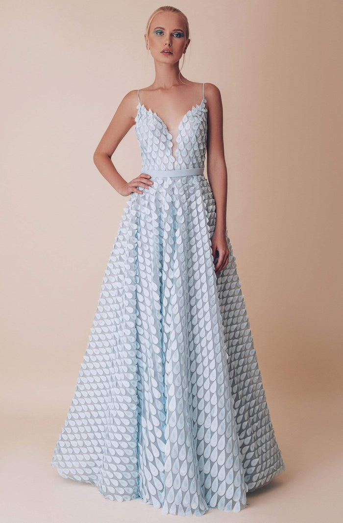 Gatti Nolli Couture - OP-4955 Applique Deep V-neck A-line Dress Special Occasion Dress 0 / Blue