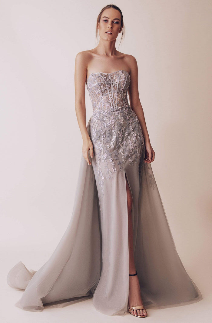 Gatti Nolli Couture - OP-4961 Floral Embroidered Semi-Sweetheart Gown Special Occasion Dress 0 / Silver