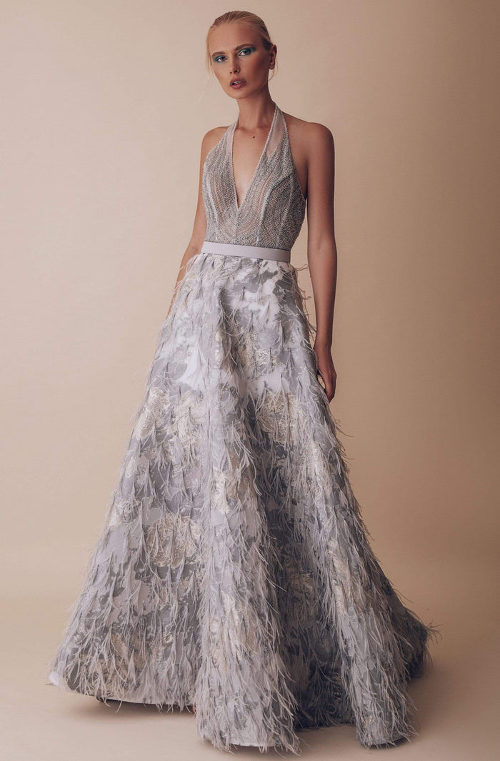 Gatti Nolli Couture - OP-5028 Sleeveless Plunging Halter V-neckline Special Occasion Dress 0 / Grey
