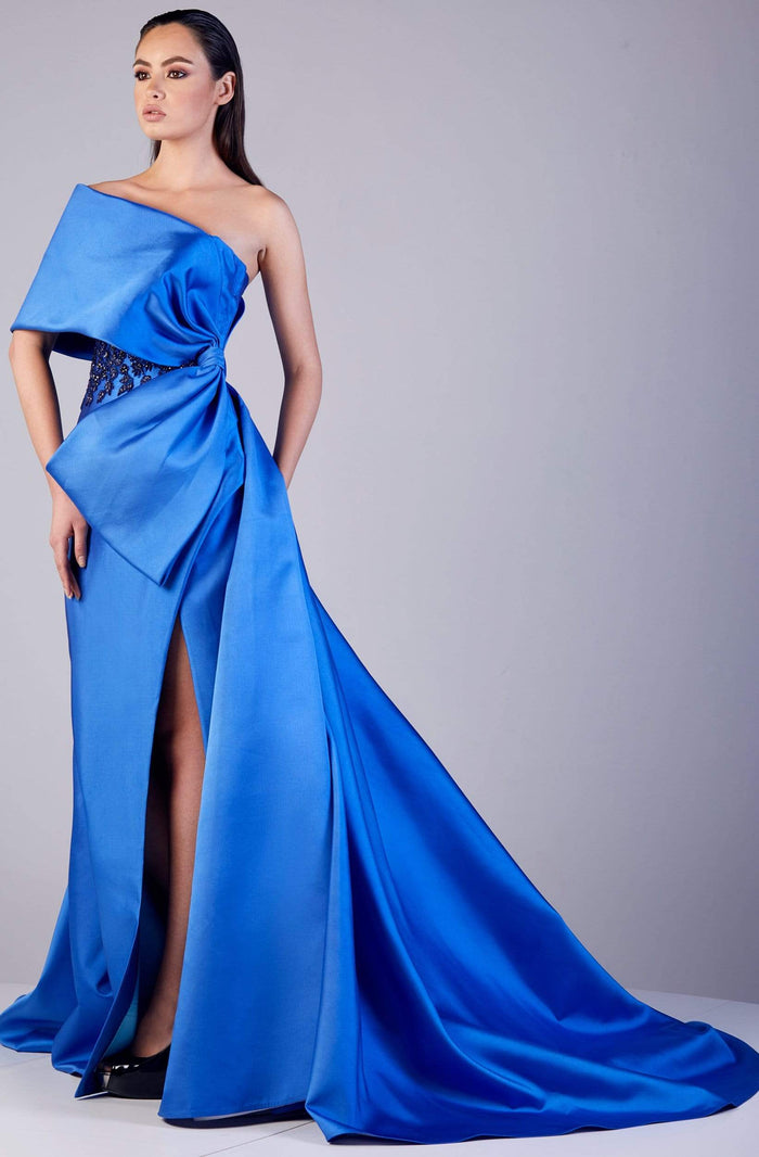 Gatti Nolli Couture - OP-5085 Origami Bow High Slit Trumpet Gown Evening Dresses 0 / Royal