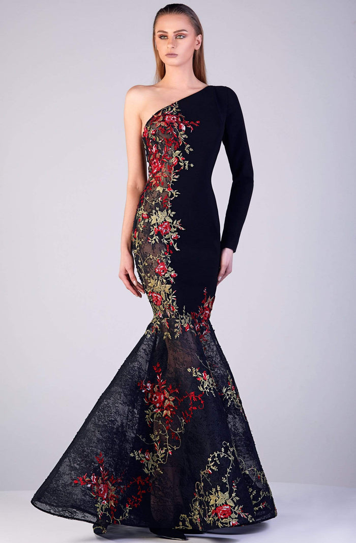 Gatti Nolli Couture - OP-5177 Floral Embroidered Asymmetrical Gown Evening Dresses 0 / Black