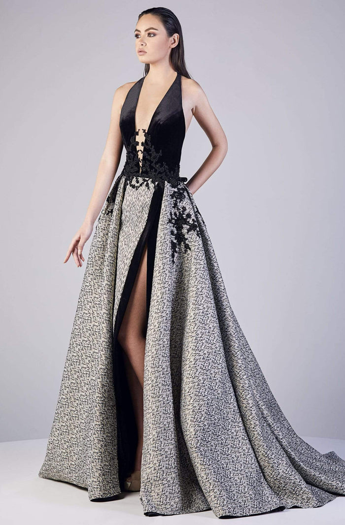 Gatti Nolli Couture - OP-5178 Plunging Halter Ballgown with Slit Ball Gowns 0 / Black