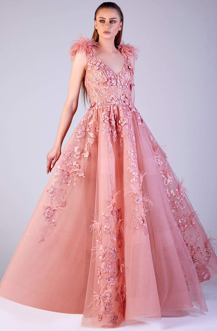 Gatti Nolli Couture - OP-5183 Floral Appliqued Fringed Ballgown Ball Gowns 0 / Pink