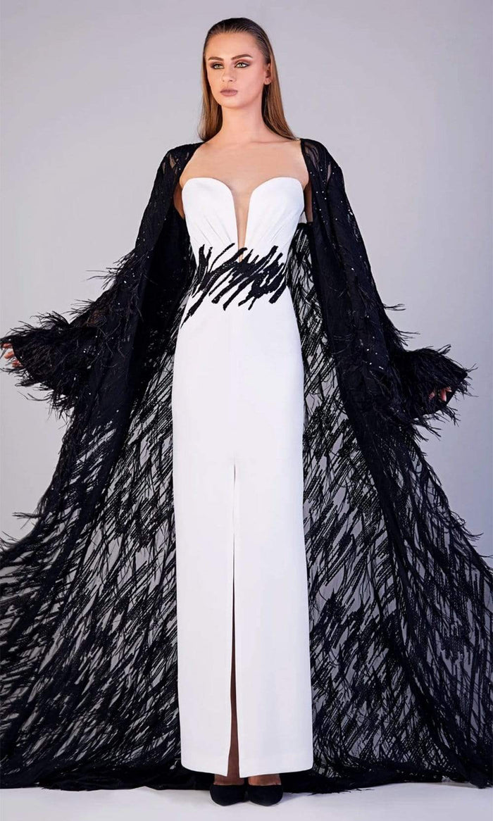 Gatti Nolli Couture - OP-5199 Strapless Gown with Feathered Jacket Evening Dresses 0 / Black & White