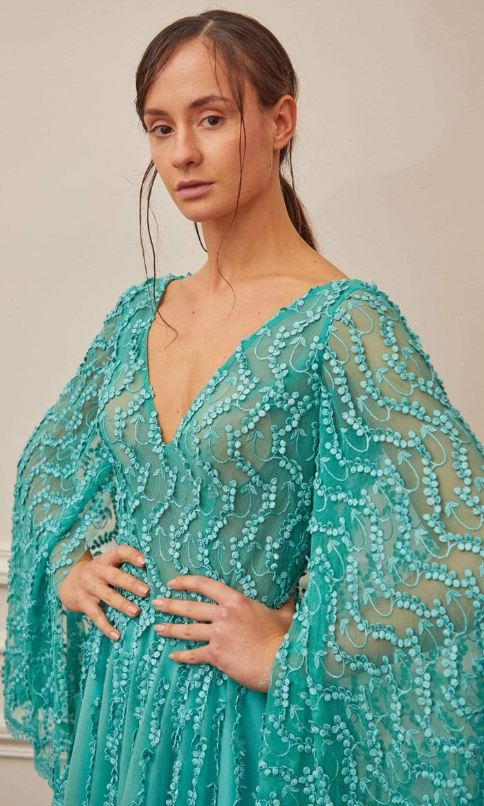 Gatti Nolli Couture - OP-5344 V Neck Cape A-Line Evening Dress Evening Dresses 0 / Green