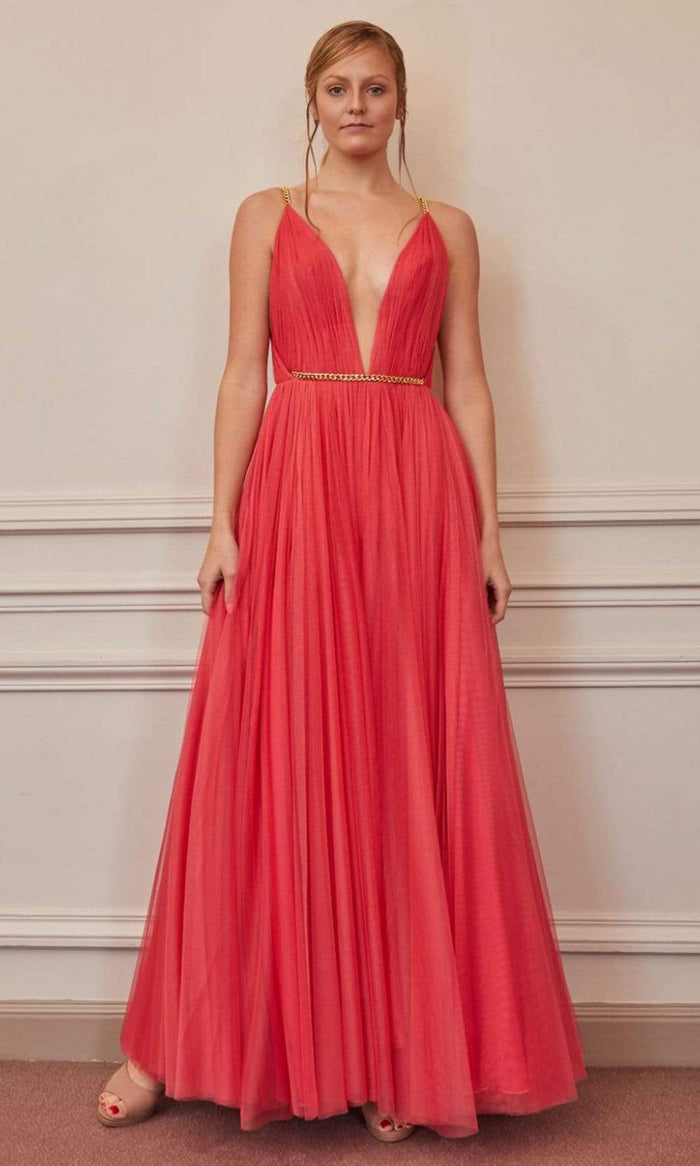 Gatti Nolli Couture - OP-5347 Pleated Plunging V Neck A-Line Dress Evening Dresses 0 / Coral