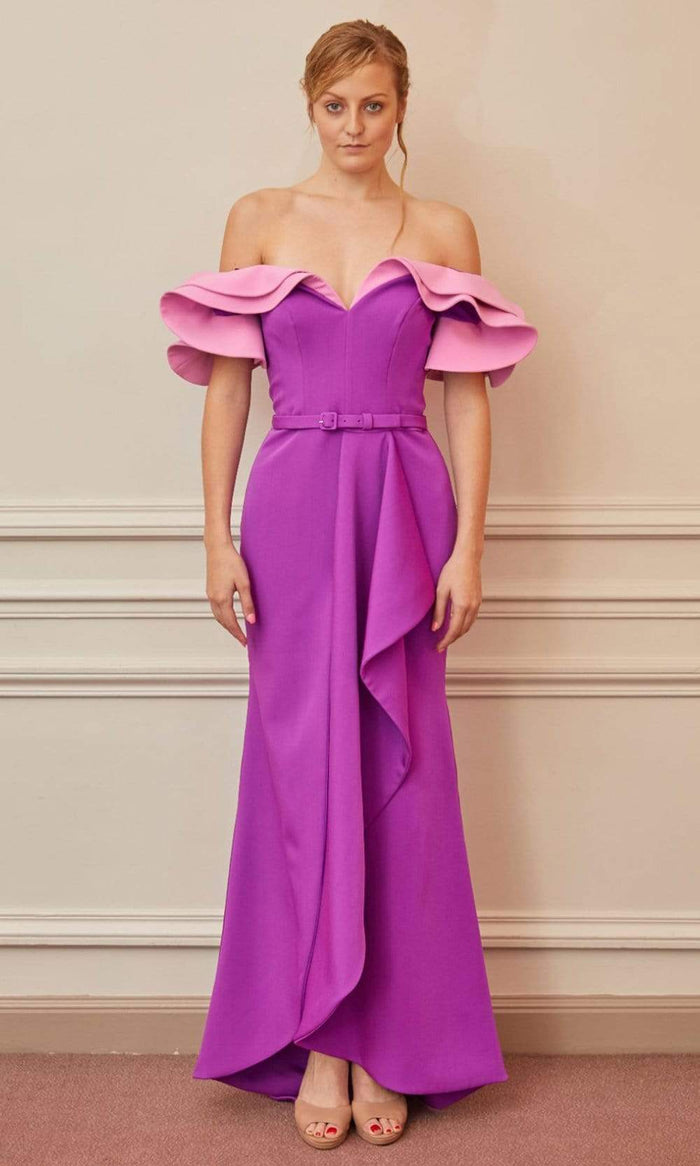 Gatti Nolli Couture - OP-5348 Ruffled Off Shoulder Tulip Dress Evening Dresses 0 / Fuchsia & Pink