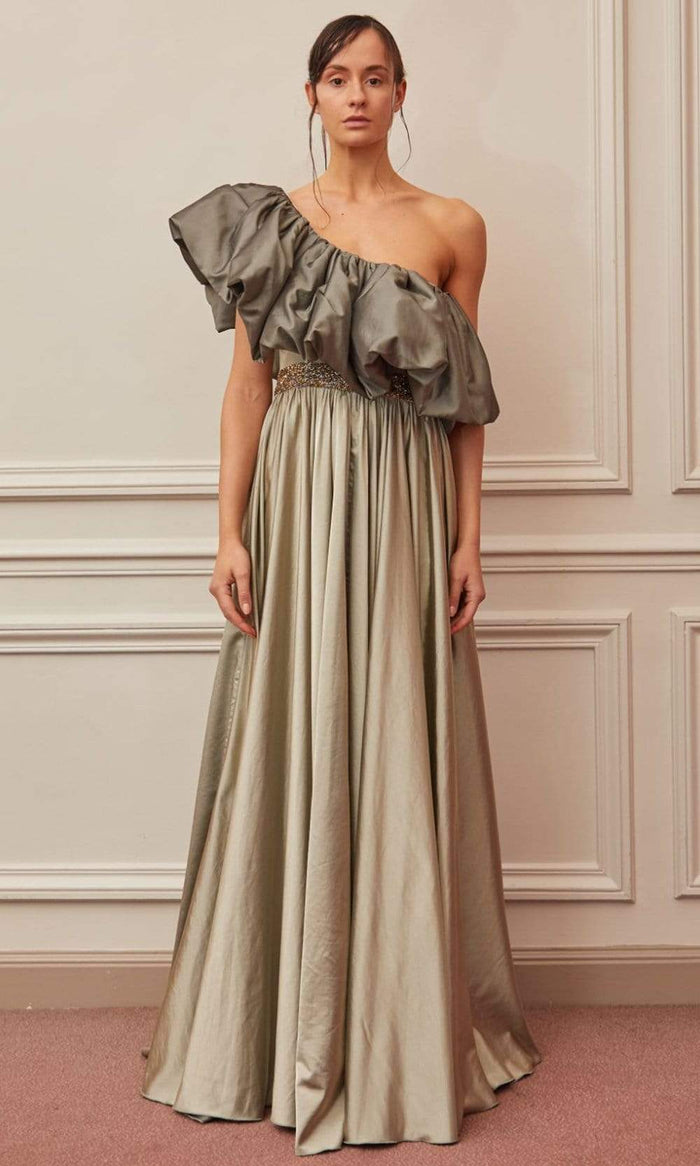Gatti Nolli Couture - OP-5353 One Shoulder Pleated A-Line Evening Gown Evening Dresses 0 / Khaki