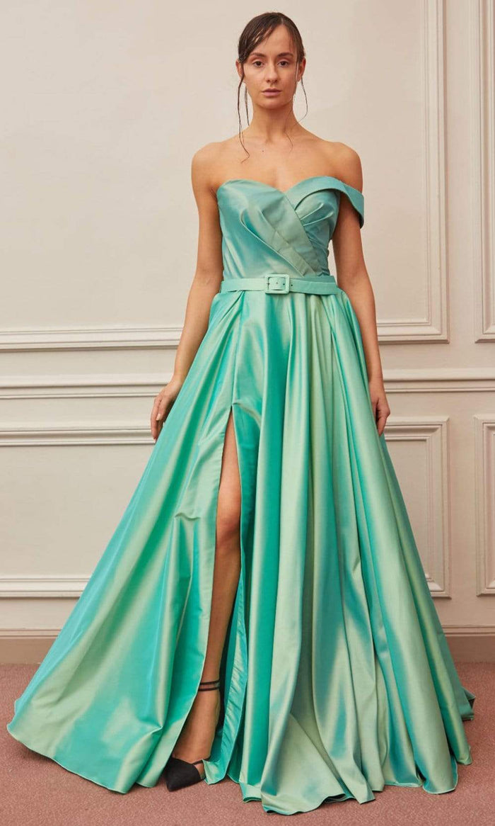 Gatti Nolli Couture - OP-5354 Pleated Off Shoulder A-Line Gown Prom Dresses 0 / Green