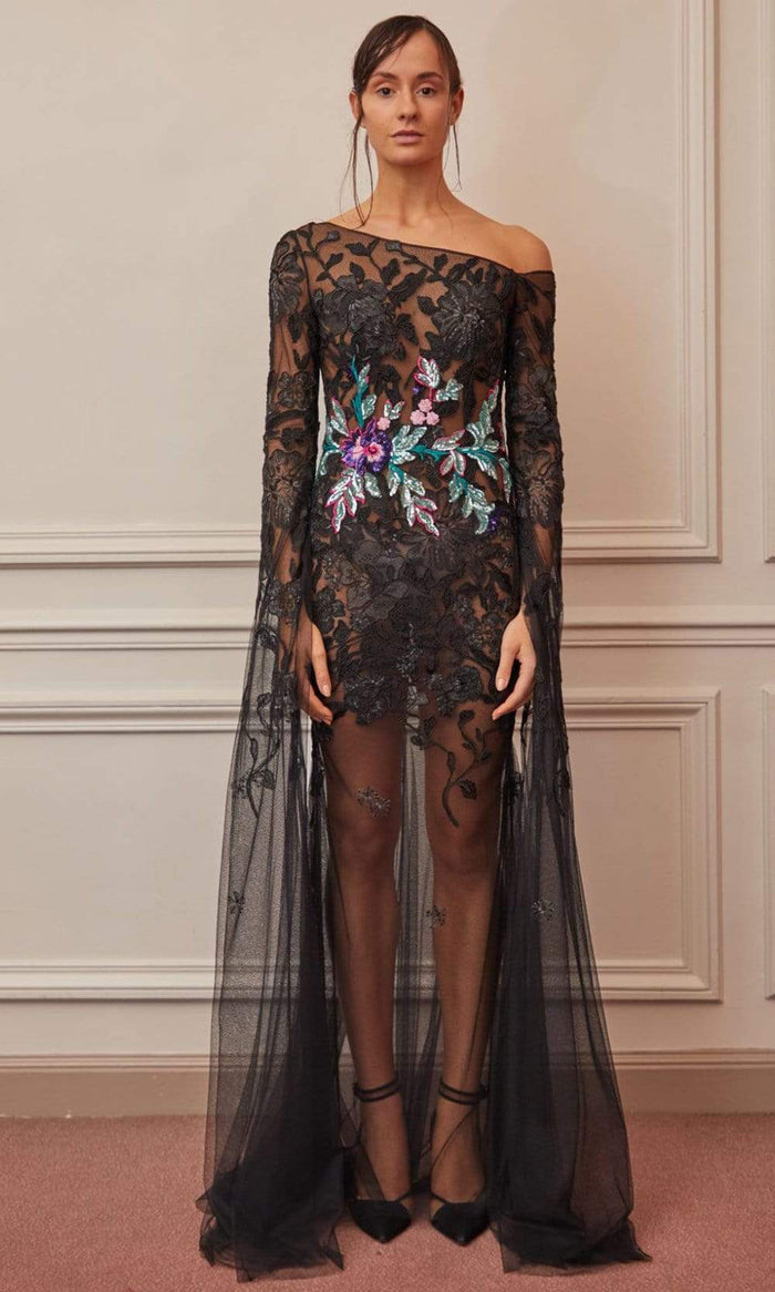Gatti Nolli Couture - OP-5359 Floral Embroidered Illusion Dress Evening Dresses 0 / Black