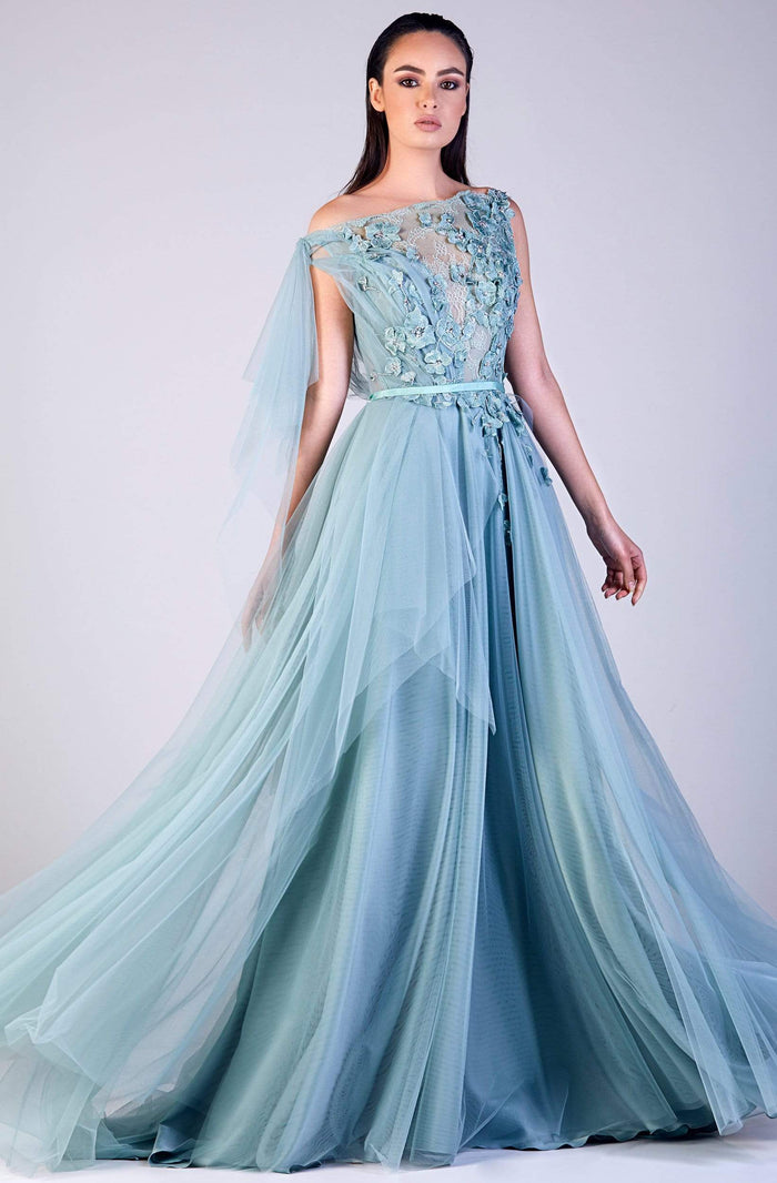 Gatti Nolli Couture - OP-5502 Floral Applique Asymmetric A-line Dress Prom Dresses 0 / Aqua