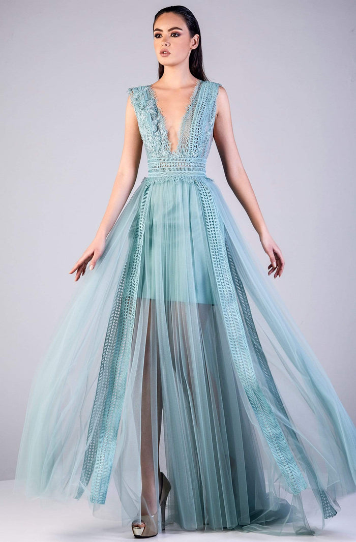 Gatti Nolli Couture - OP-5503 Crochet Plunging V Neck Sheer Skirt Gown Prom Dresses 0 / Aqua