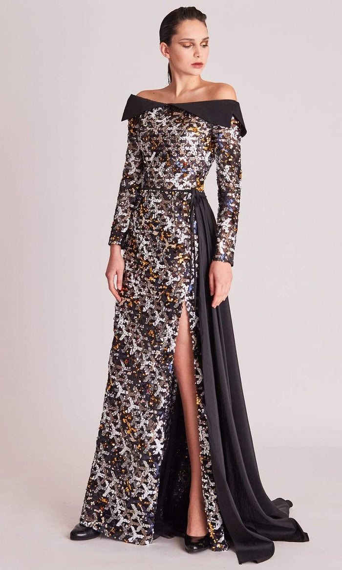 Gatti Nolli Couture - OP5680 Sequin Off-Shoulder Gown With Overlay Special Occasion Dress 0 / Black