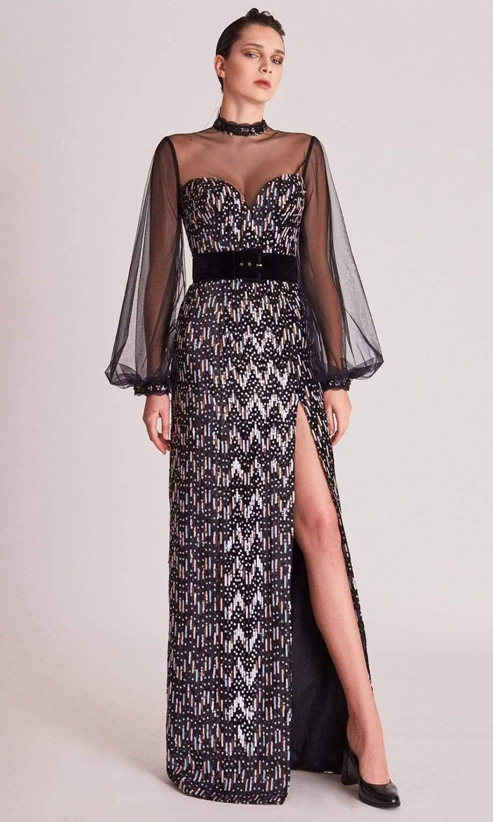 Gatti Nolli Couture - OP5686 Illusion Neckline High Slit Sequin Dress Mother of the Bride Dresses 0 / Black