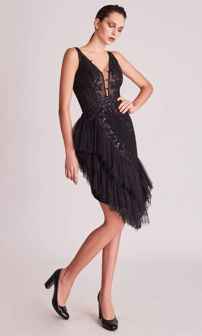 Gatti Nolli Couture - OP5749 Plunging Neck Embellished Short Dress Cocktail Dresses 0 / Black