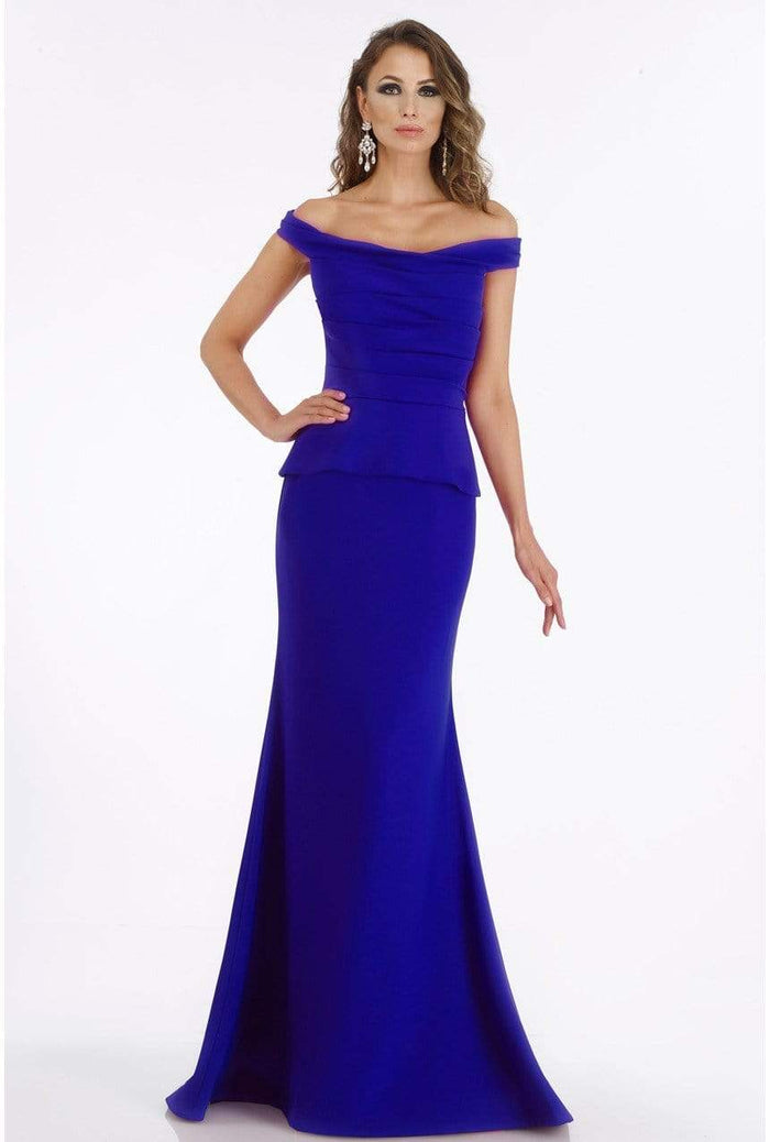 Gia Franco - 12012 Pleated Off-Shoulder Trumpet Dress With Train Special Occasion Dress 4 / Royal