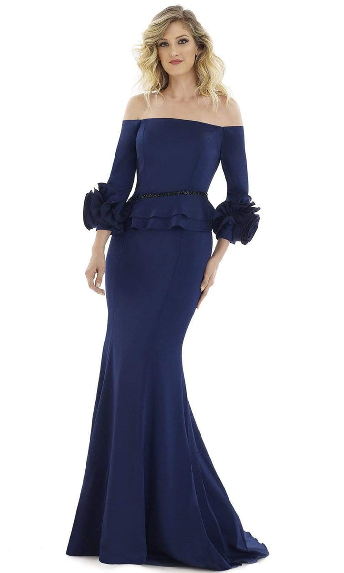 Gia Franco - 12983 Ruffled Off Shoulder Trumpet Gown Evening Dresses 6 / Navy