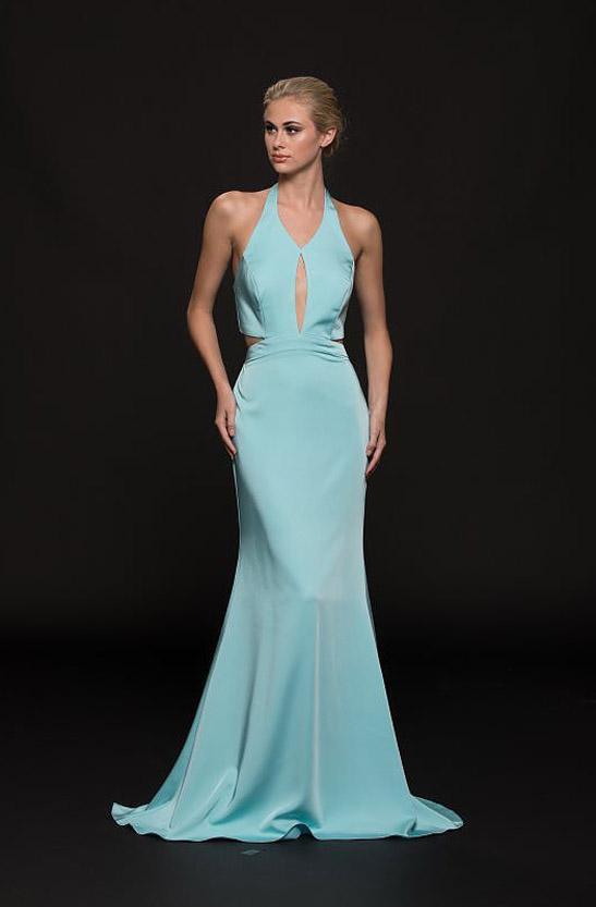 Glow by Colors - G774 Halter Cutout Bodice Faille Gown Special Occasion Dress 0 / Aqua