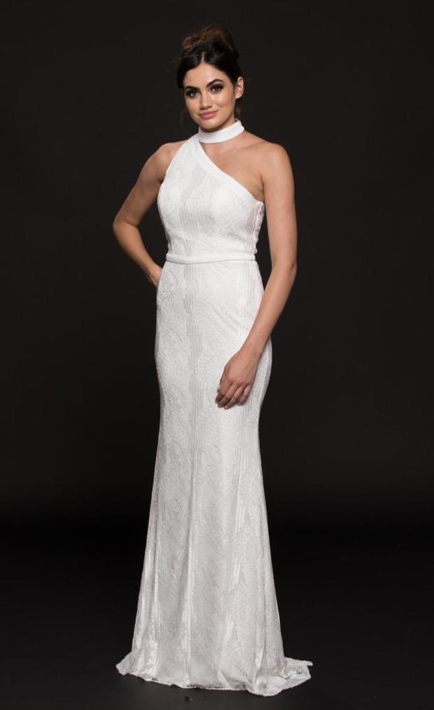 Glow by Colors - G795 Fitted High Neck Lace Evening Dress Special Occasion Dress 0 / Off White