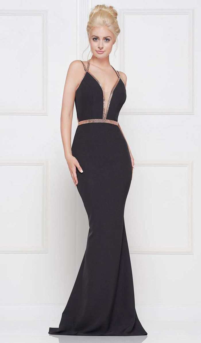 Glow by Colors - Metallic Beaded Plunge Trumpet Gown G810 - 1 pc Black in Size 2 Available CCSALE 2 / Black