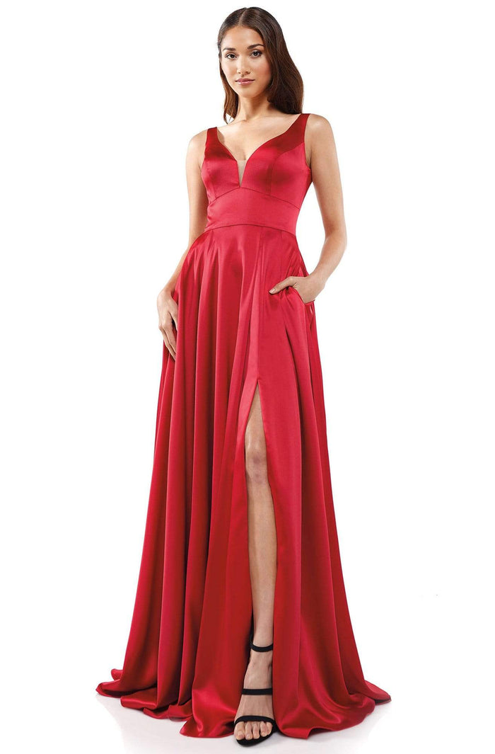 Glow Dress - G904 Deep V-Neck Satin A-Line Gown Prom Dresses 2 / Red