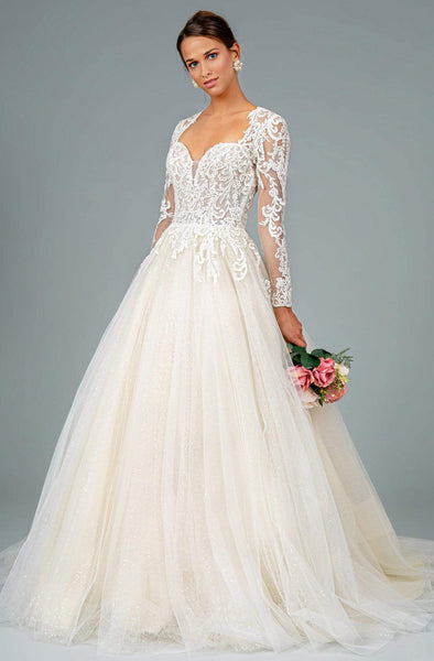 Illusion V-Neck Embroidered Mesh w/ Sequin Lining Long Wedding Dress G –  smcfashion.com