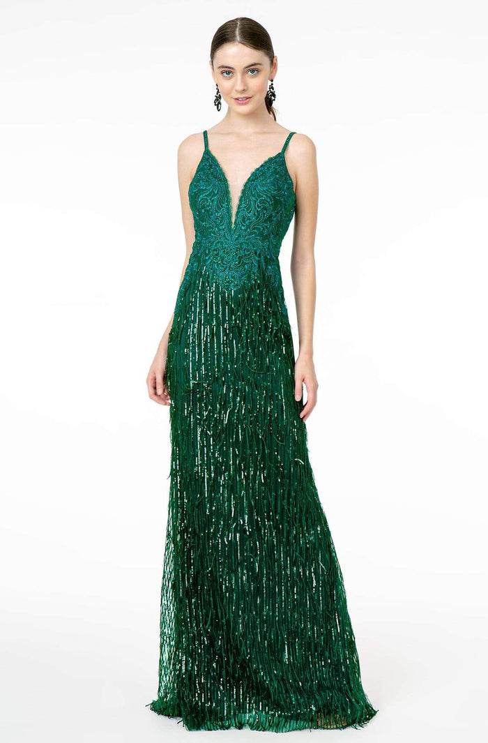 GLS by Gloria - GL1824 Plunging Sequin Fringed Sheath Gown Evening Dresses XS / Green
