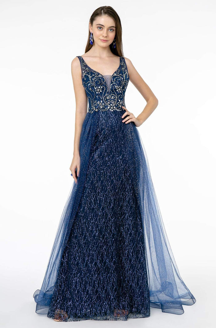 GLS by Gloria - GL1840 Jeweled Bodice Glitter Overskirt Gown Prom Dresses XS / Navy