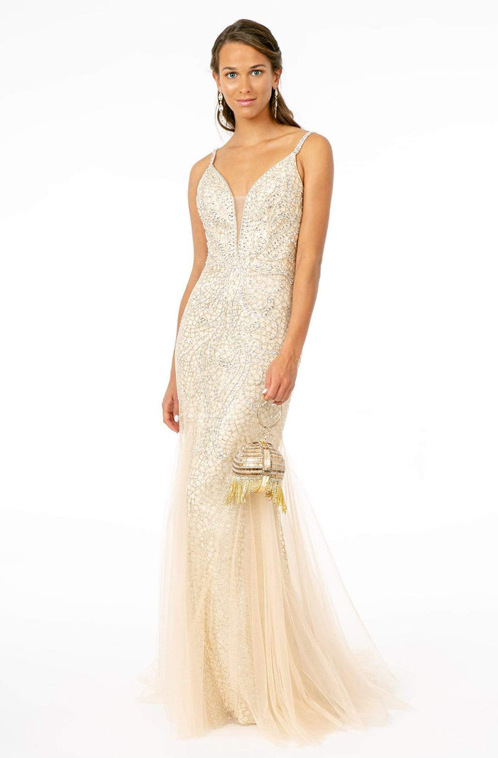 GLS by Gloria - GL1842 Plunging Beaded Metallic Tulle Trumpet Gown Evening Dresses XS / Light Gold
