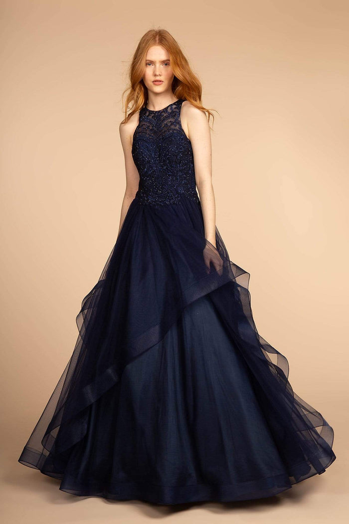 GLS by Gloria - GL2528 Embroidered Illusion Jewel Tiered Gown Special Occasion Dress XS / Navy