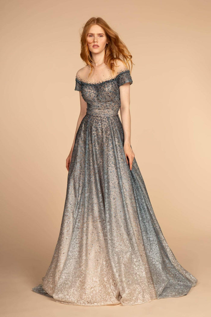 GLS by Gloria - GL2558 Two Tone Embellished Lace A-line Gown Special Occasion Dress XS / Grey Blue