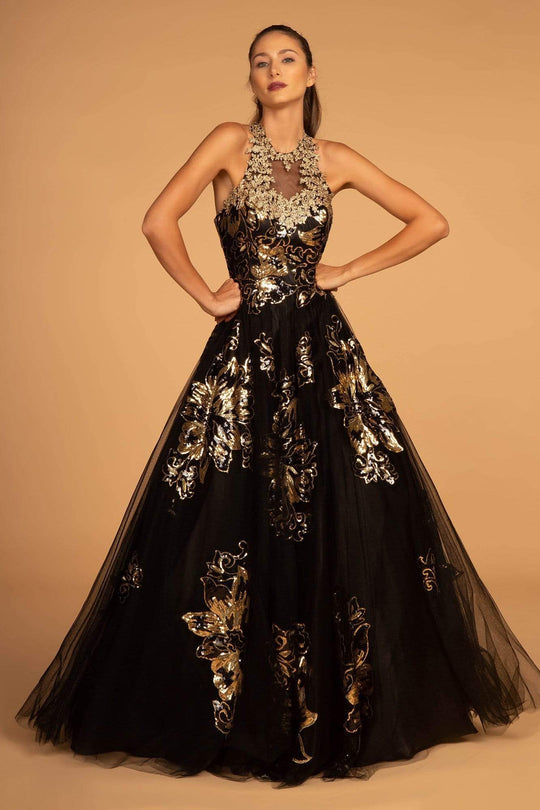 GLS by Gloria - GL2655 Gold Embellished Halter Evening Gown